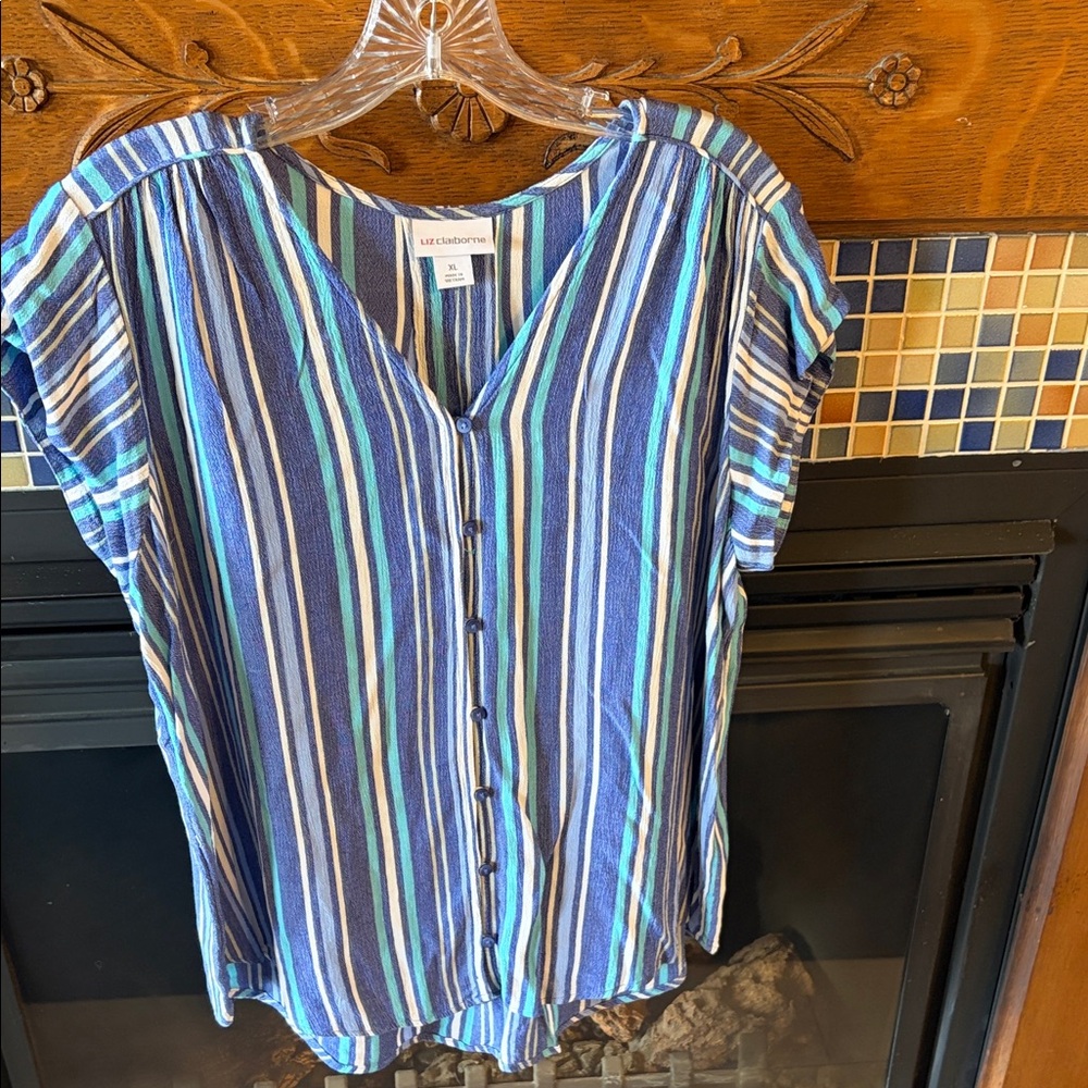 Liz Claiborne Navy & Blue Striped Button-Front Blouse
